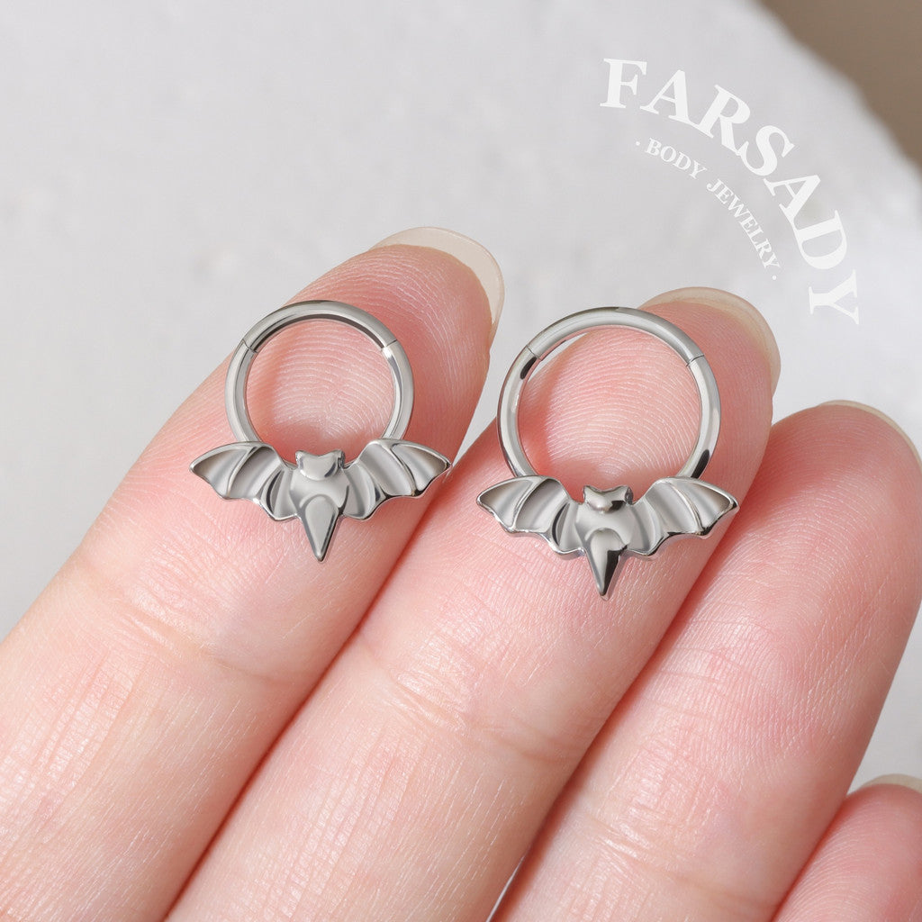 Bat Charm - F136 Titanium Hinged Clicker Hoop / Fits 16G Septum Ring Helix Conch Cartilage Earring