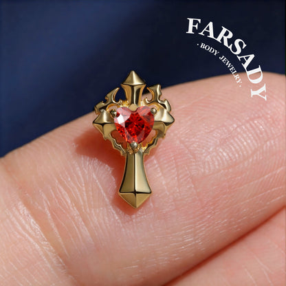 Goth Heartfire - 925 Silver Threadless Stud / Fits Cartilage Helix Tragus Lobe Nostril Piercing