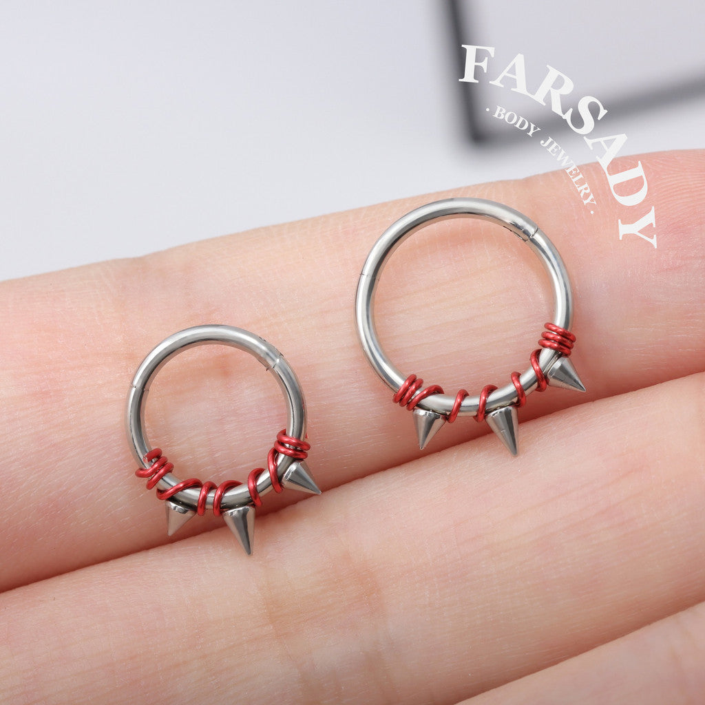 Crimson Bind - Red Wire Spike Hinged Clicker Hoop / Fits 16G Septum Ring Helix Conch Cartilage Earring