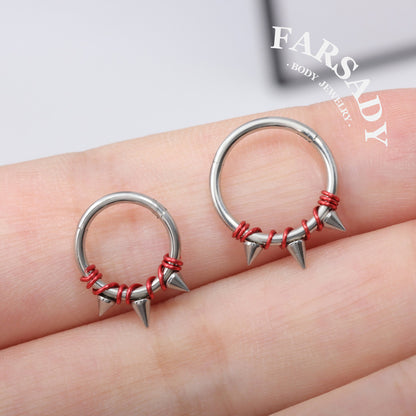 Crimson Bind - Red Wire Spike Hinged Clicker Hoop / Fits 16G Septum Ring Helix Conch Cartilage Earring