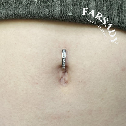 Linear Gleam Hoop - F136 Titanium Clear CZ Belly Button Clicker / Fits 14G Navel Piercing