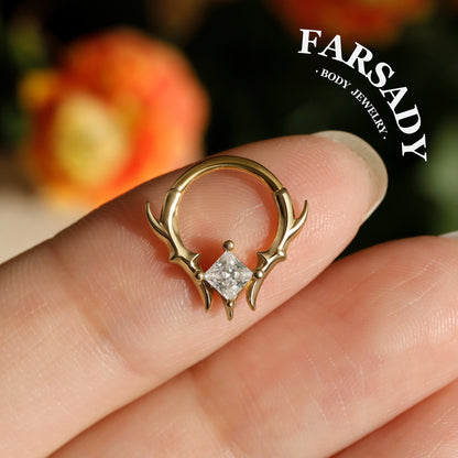 925 Sterling Silver Thorn Septum Clicker, 16G Princess Cut CZ Septum Ring, Gothic Daith Earring, Punk Nose Hoop, Silver & Gold Jewelry