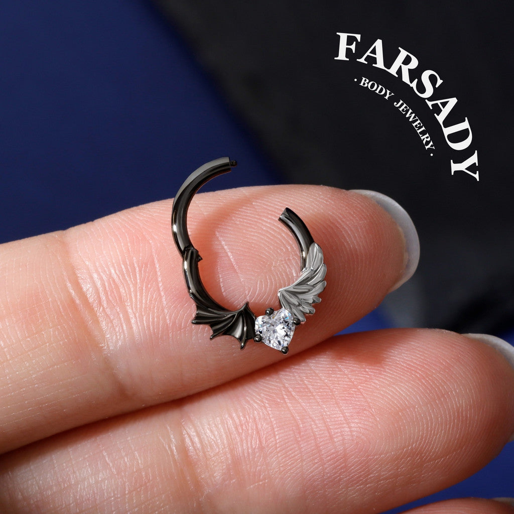 16G Angel VS Devil Septum Ring| Sterling Silver Septum Jewelry| Heart Daith Earring Hoop| Helix Piercing Jewelry| Gothic Piercing Jewelry