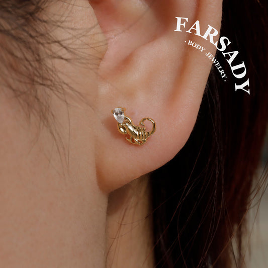 Sterling Silver Crimson Scorpion Helix Stud Threadless Push In  Earring 18K Gold Plated Tragus Conch Piercing Jewelry Hypoallergenic Piercing Minimal Cartliage Stud Gift Packaged