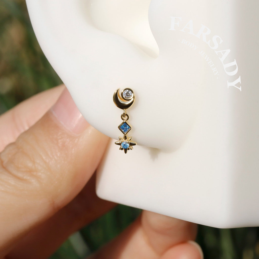 Luna Flare Dangle Threadless Push In Helix Stud, Sterling Silver Cartilage Stud, Flat Back Titanium Post, Design Satr Tragus/ Lobe Earring