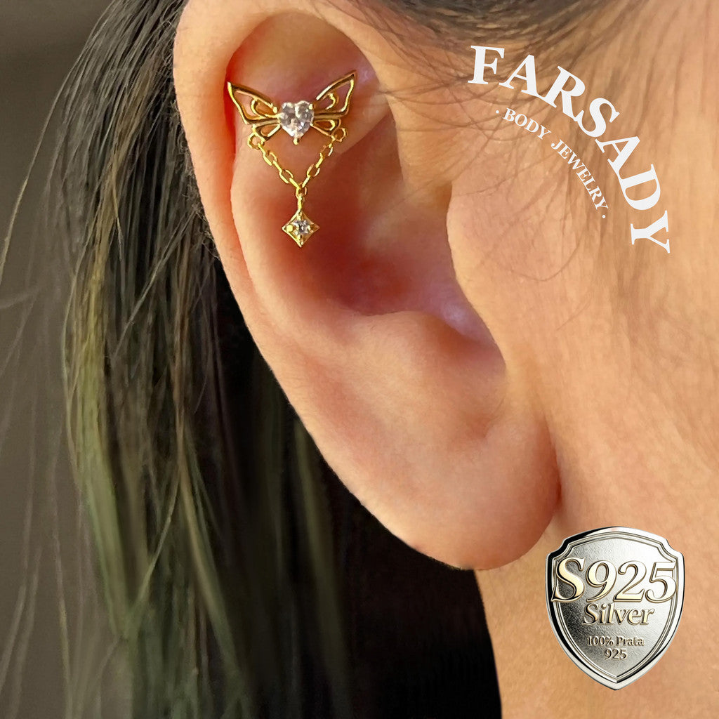 Butterfly Helix Stud Earring – Heart CZ Cartilage Chain Earring | Threadless Flat Back | Gold or Silver | Cartilage Dangle Piercing Jewelry