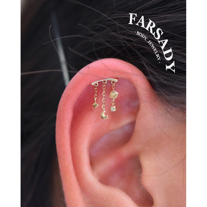Planet Hidden Helix Chain Earring /Moon Dangle Earring /Helix Push Pin Stud Earring /Threadless Cartilage Helix Earring Stud/Flat Helix Stud