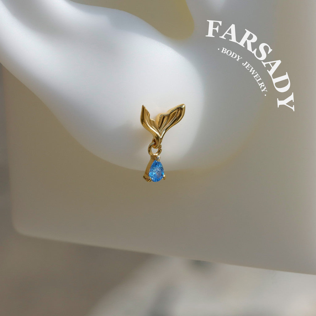 Mermaid Tail Flat Helix Dangle Stud: Blue Gem Tragus Helix Lobe Threadless Push In Cartilage Earring, 925 Silver Plated 18k Gold,Nickle-Free