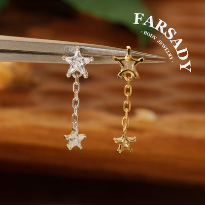 Sterling Silver Dangle Star Cartilage Earring Threadless Push In, S925 Helix Stud, Flat Back Lobe, Tragus Piercing Jewelry
