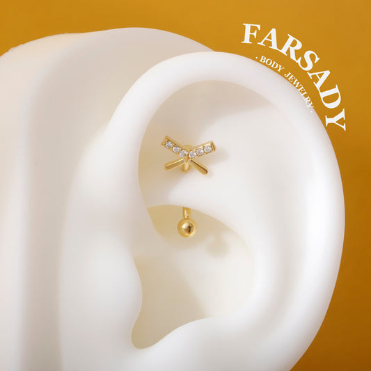 Cross Star Trace - 316L Clear CZ Curved Barbell / Fits 16G Rook Daith Earring Lip Eyebrow Cartilage Piercing