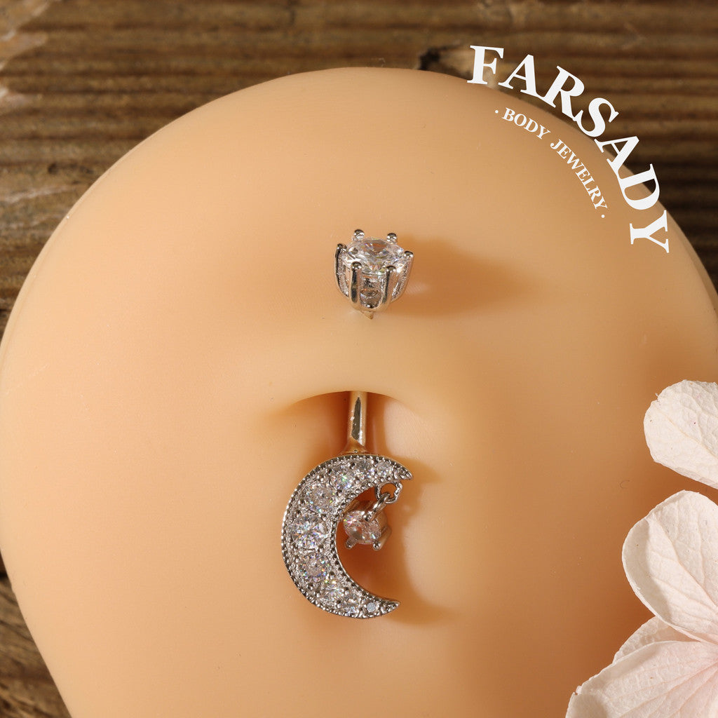 Lunar Whisper - 925 Silver Clear CZ Belly Button Ring / Fits 14G Navel Piercing
