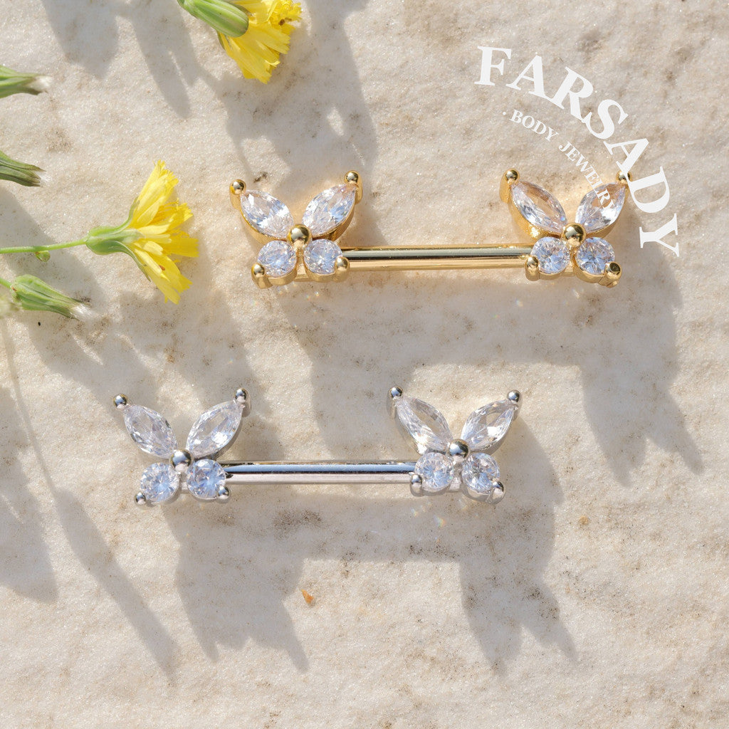 Crystal Butterfly - 2PCS Clear CZ Straight Barbell / Fits 16G Chest Piercing Nose Bridge