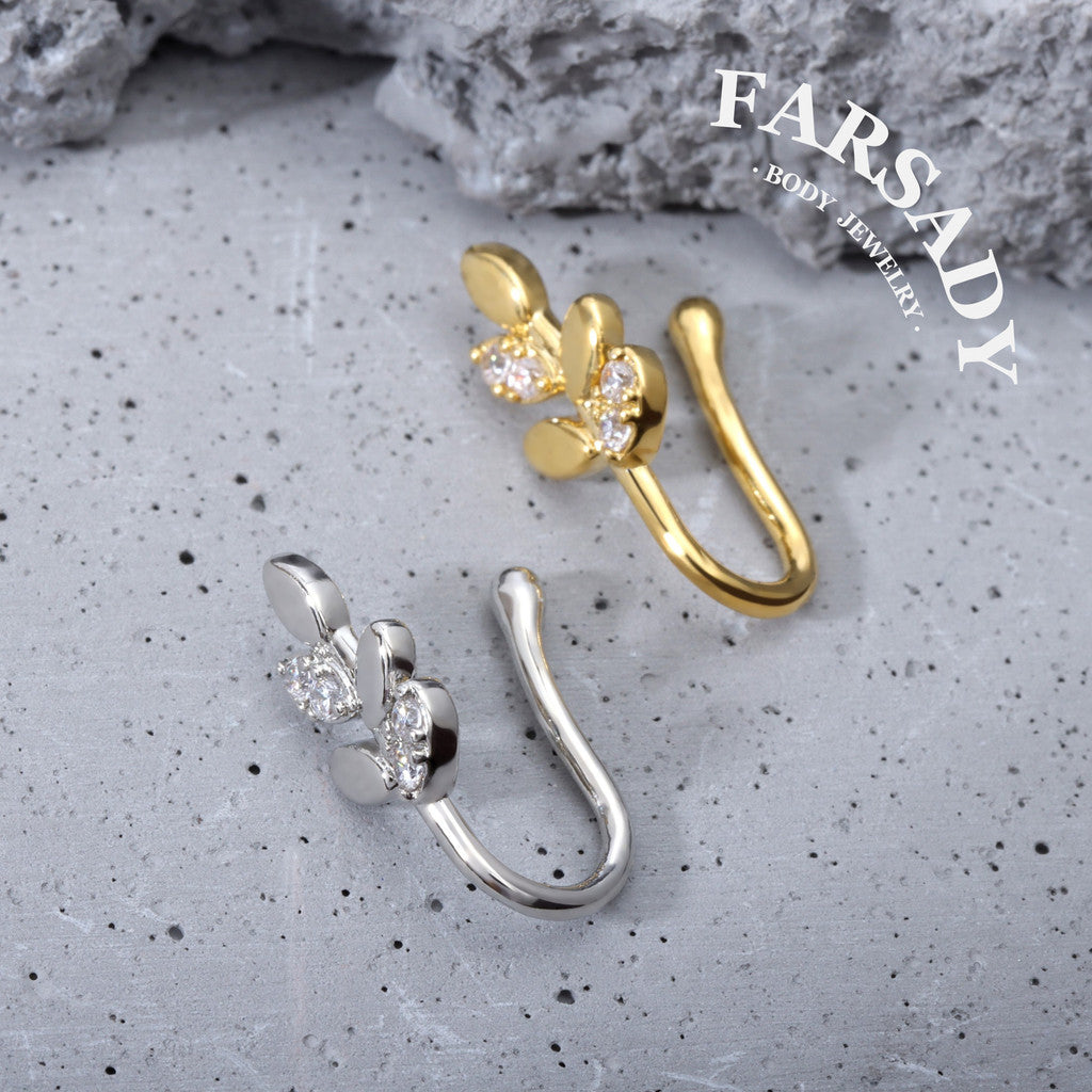 Silver Leaf Sprig - 925 Silver Fake Nose Ring / Fit Non-Pierced Nose Ring
