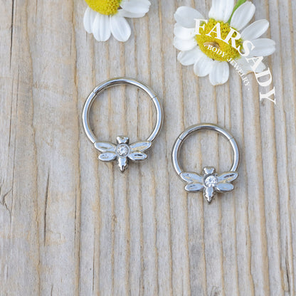 Dew Dragonfly - ASTM F136 Titanium Hinged Clicker Hoop / Fits 16G Septum Ring Helix Conch Cartilage Earring