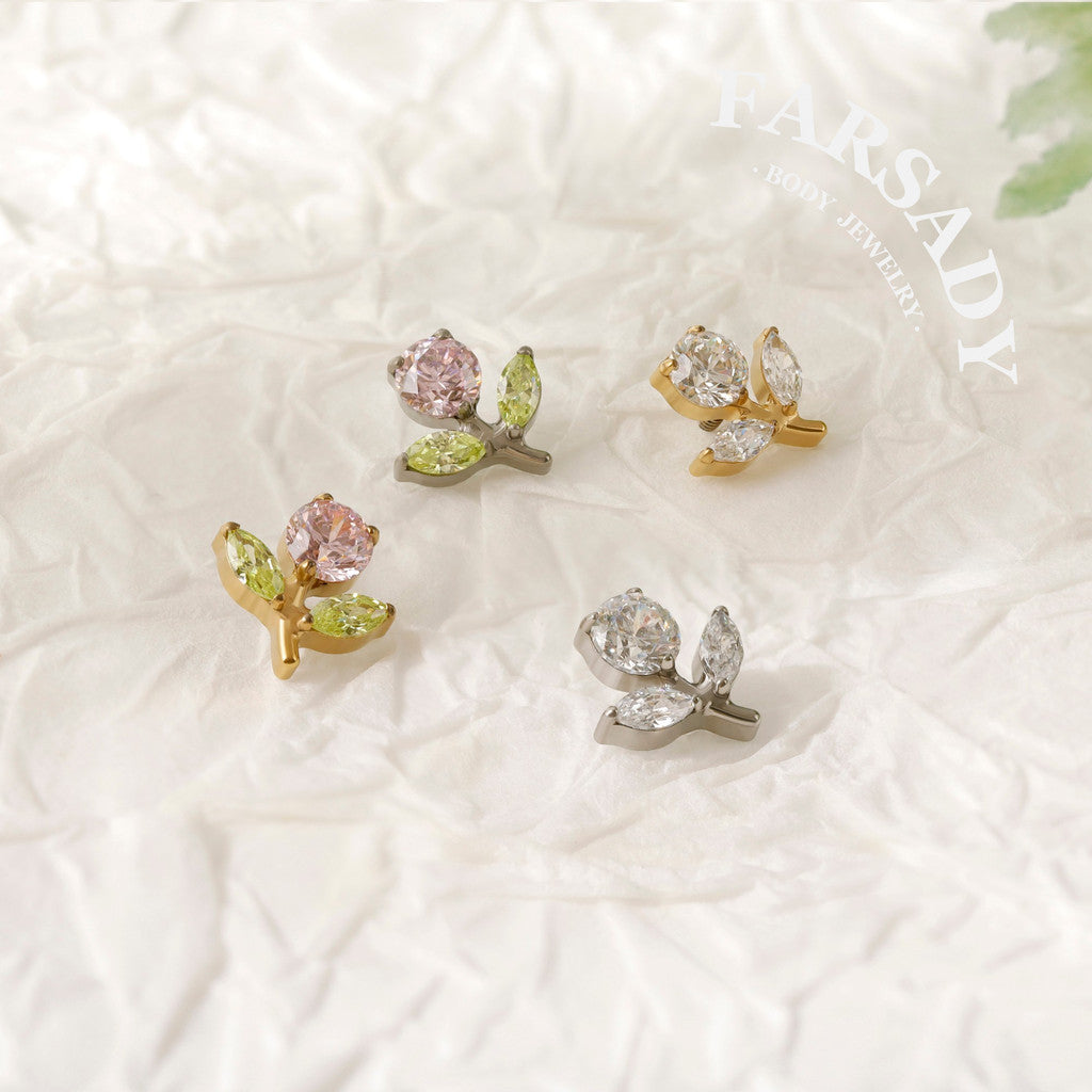 Blossom Sprig - F136 Titanium Internally Threaded Stud / Fits Cartilage Helix Tragus Lobe Nostril Piercing