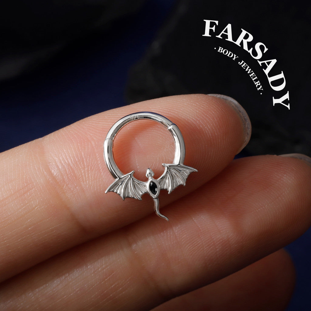 16G Flying Dragon Daith Hoop Earring S925 Sterling Silver Obsidian Inlaid Septum Clicker Original Design Gothic Halloween Helix Piercing Daily Wear Gift for Her