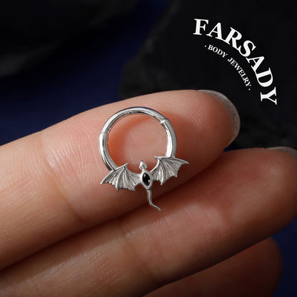 16G Flying Dragon Daith Hoop Earring S925 Sterling Silver Obsidian Inlaid Septum Clicker Original Design Gothic Halloween Helix Piercing Daily Wear Gift for Her