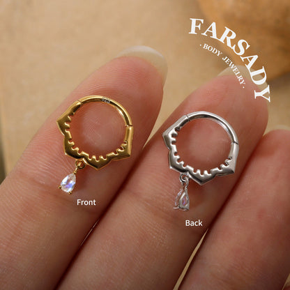 Sterling Silver Moonstone Dangle Flower Septum Ring/ 16G S925 Septum Piercing Jewelry/ 16G Daith Hoop Earring/8mm Helix Tragus Cartilage Hoop Earrings