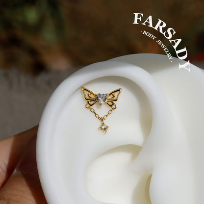 Butterfly Helix Stud Earring – Heart CZ Cartilage Chain Earring | Threadless Flat Back | Gold or Silver | Cartilage Dangle Piercing Jewelry