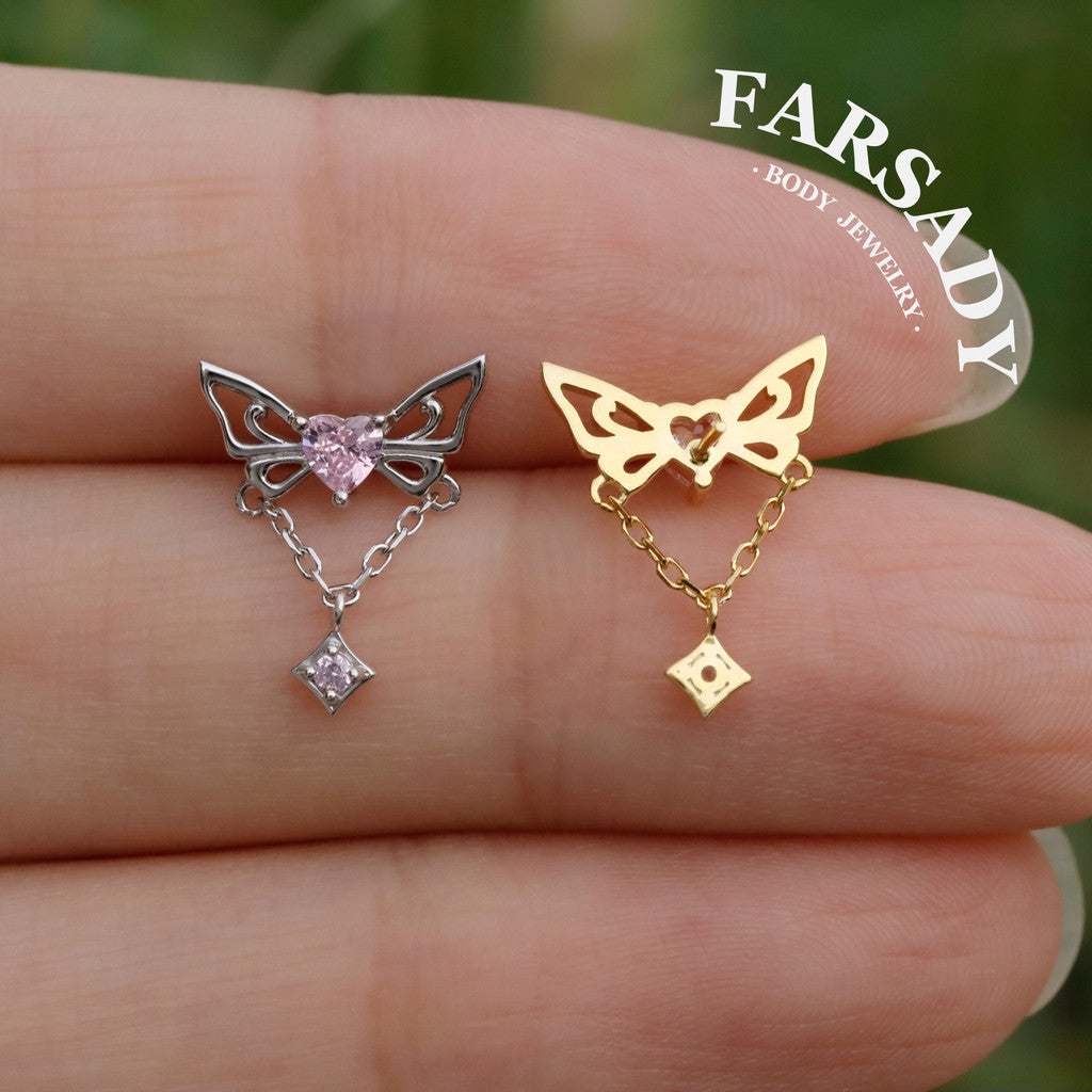 Winged Lumen - Sterling Silver Push In Stud / Fits Cartilage Helix Tragus Lobe Earring  / 18K Gold-Plated Threadless Flat Back Piercing, Hypoallergenic Jewelry for Sensitive Skin,