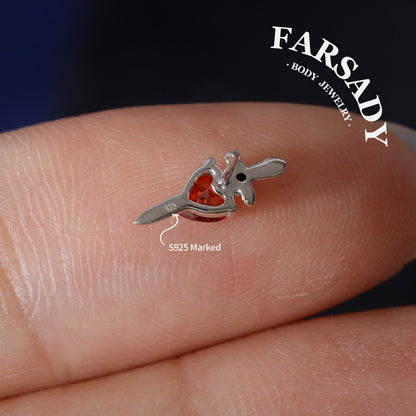 Sword Heart - Sterling Silver Push In Stud / Fits Cartilage Helix Tragus Lobe Earring  Nose Stud / Threadless Flat Back Piercing, Hypoallergenic Jewelry for Sensitive Skin