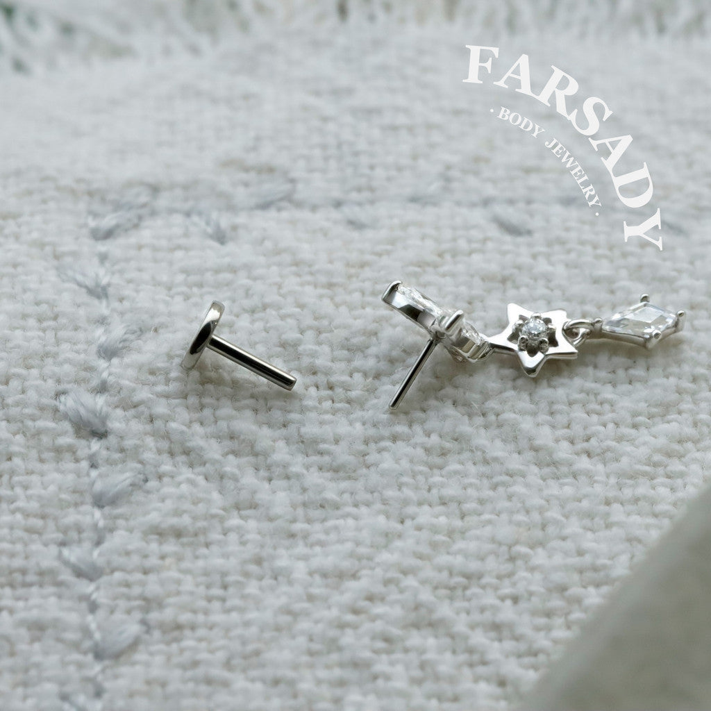 Sterling Silver Butterfly Dangle Cartilage Stud Earring • Threadless Push In Flat Helix Piercing Jewelry Flat  Back Earring Plated 18K Gold