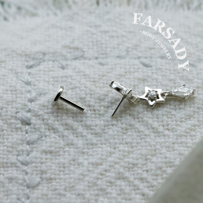Sterling Silver Butterfly Dangle Cartilage Stud Earring • Threadless Push In Flat Helix Piercing Jewelry Flat  Back Earring Plated 18K Gold