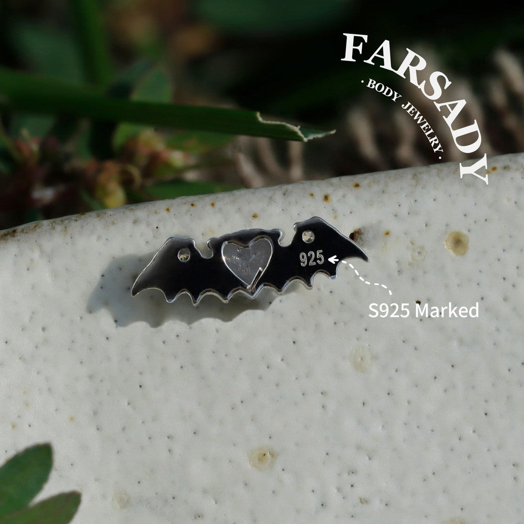 Bat Wing Heart Gem Flat Helix Threadless Stud: Sterling Silver Cartilage Earring, 18K Gold Plated Helix Conch Tragus Lobe Piercing Jewelry