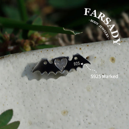 Bat Wing Heart Gem Flat Helix Threadless Stud: Sterling Silver Cartilage Earring, 18K Gold Plated Helix Conch Tragus Lobe Piercing Jewelry