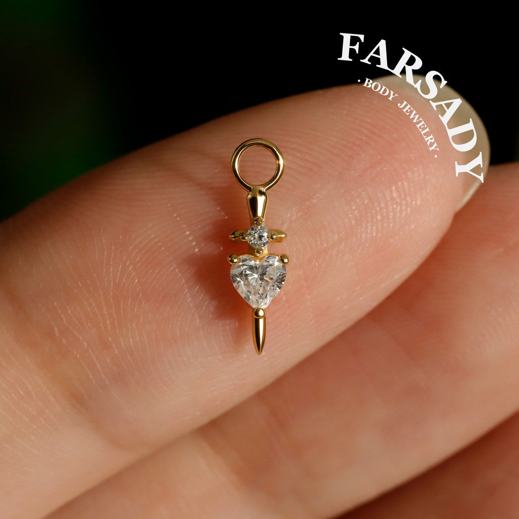 Pierced Heart Blade - 925 Silver Heart CZ Heart Dangle Charm / Interchangeable Hoop Earring Pendant for Helix Daith Cartilage Piercing