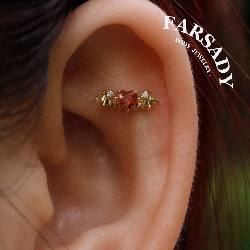 Crimson Heartwing - 925 Silver Threadless Stud / Fits Cartilage Helix Tragus Lobe Earring