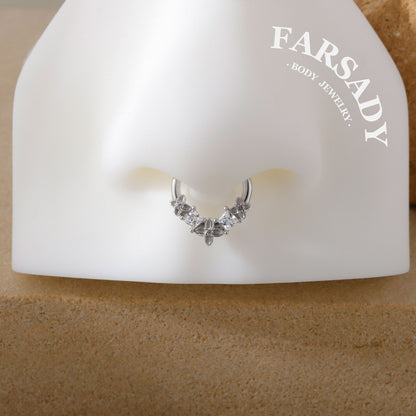 Clover Crest - 925 Silver Hinged Clicker Hoop / Fits 16G Septum Ring Helix Conch Daith Earring