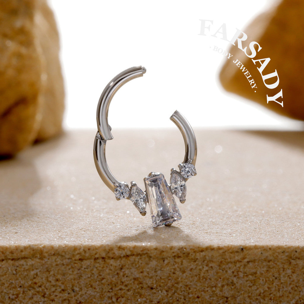 Crystal Obelisk - F136 Titanium Hinged Clicker Hoop / Fits 16G Septum Ring Helix Conch Cartilage Earring