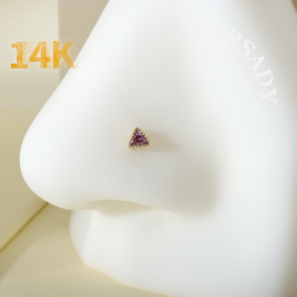 Minimal Triangle Amethyst CZ - Solid 14K Gold L-Shape Stud / Fit 20G Nostril Piercing