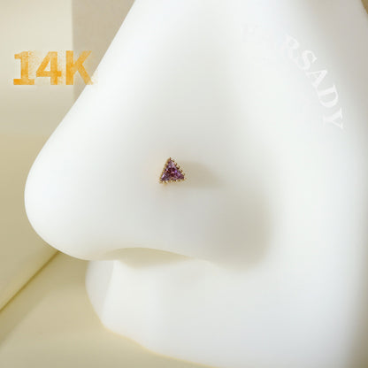 Minimal Triangle Amethyst CZ - Solid 14K Gold L-Shape Stud / Fit 20G Nostril Piercing
