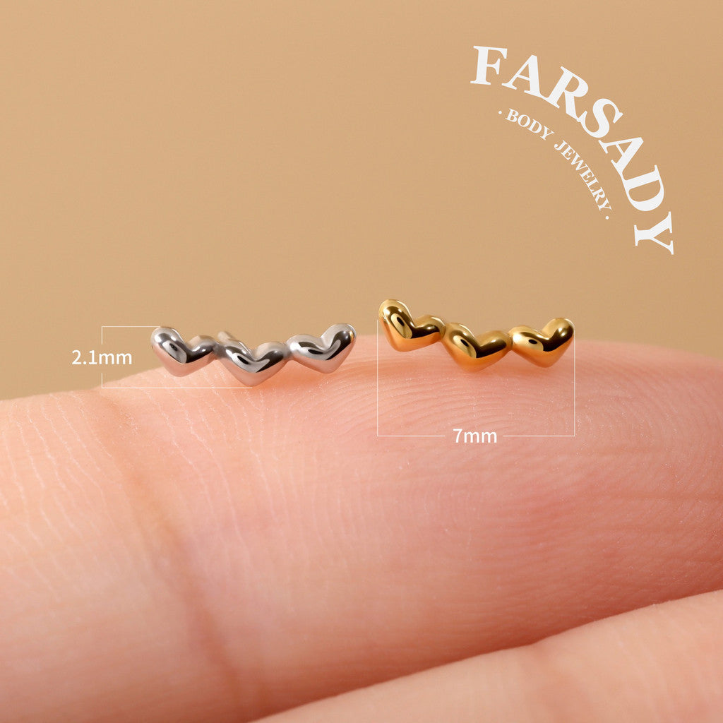 Triple Hearts - 925 Silver Threadless Stud / Fits Cartilage Helix Tragus Lobe Nostril Piercing