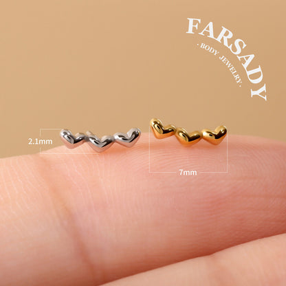 Triple Hearts - 925 Silver Threadless Stud / Fits Cartilage Helix Tragus Lobe Nostril Piercing