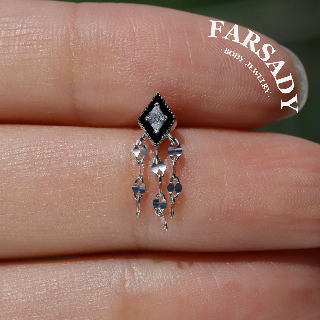 Obsidian Tassel - 925 Silver Threadless Stud / Fits Cartilage Helix Tragus Lobe Piercing