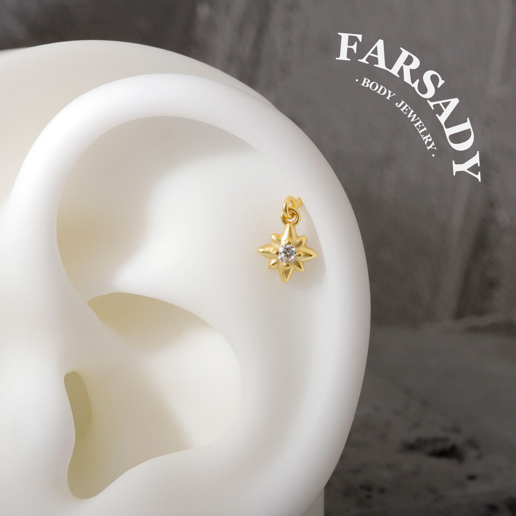 Pole Bloom - 925 Silver Round CZ Dangle Stud / Fits Cartilage Helix Tragus Lobe Piercing
