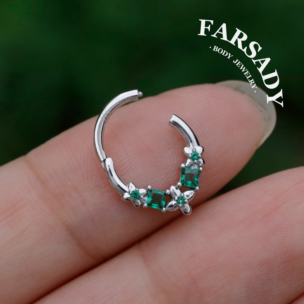 Sterling Silver Flower Green Zircon Daith Hoop Earrings Handmade Daith Piercing Jewelry Hinged Septum Ring Unique Helix Tragus Lobe Cartilage Earrings Daily Wear Gift for Her