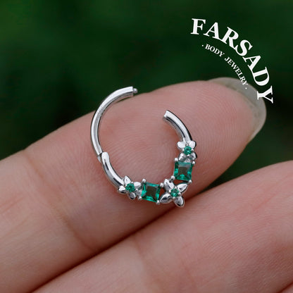 Sterling Silver Flower Green Zircon Daith Hoop Earrings Handmade Daith Piercing Jewelry Hinged Septum Ring Unique Helix Tragus Lobe Cartilage Earrings Daily Wear Gift for Her