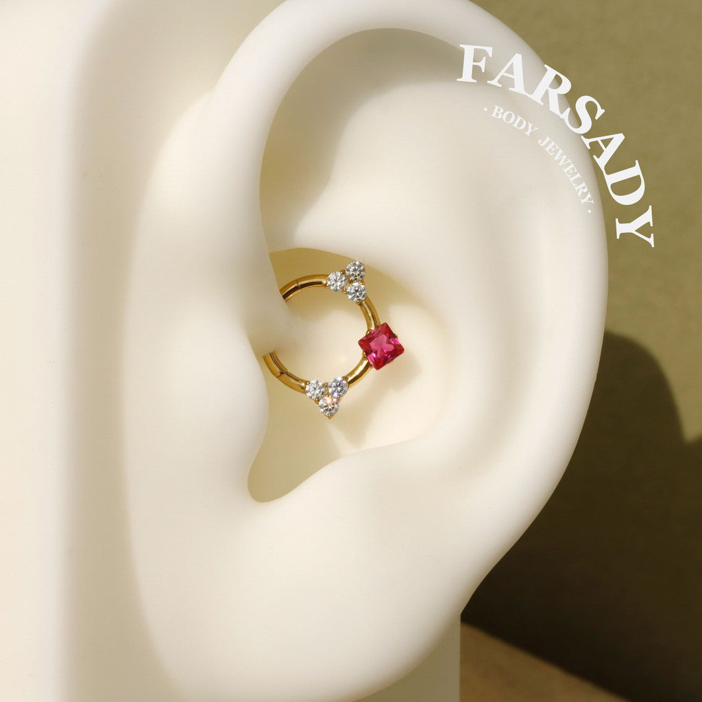 Titanium Septum Ring| 16G Hinged Septum Clicker| Pink Crystal Helix Earring| Silver Daith Piercing Jewelry| Shiny Septum Ring Daily