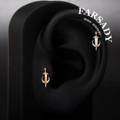 Silvery Moon Sword Threadless Tragus Stud: Gothic Helix/ Conch/ Nose Flat Back Earring, Crescent Titanium Push Back Earring, Tragus Piercing