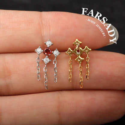Dangle Helix Earring Flat Back,Red CZ Threadless Push In Stud,Tragus Lobe Conch Cartilage Jewelry Sterling Silver Plated 18K Gold, 16/18/20G