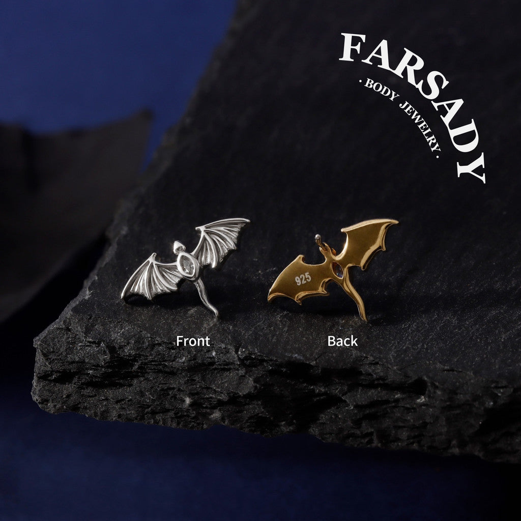 Flying Dragon Threadless Push In Helix Stud Earring| 18K Gold Plated Sterling Silver Flat Back Labret| Tragus Helix Conch Stud, Nose Stud
