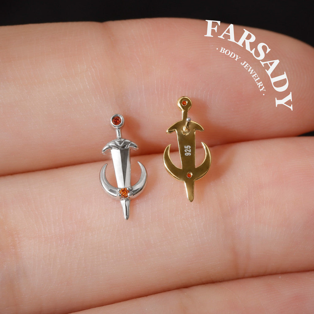 Silvery Moon Sword Threadless Tragus Stud: Gothic Helix/ Conch/ Nose Flat Back Earring, Crescent Titanium Push Back Earring, Tragus Piercing