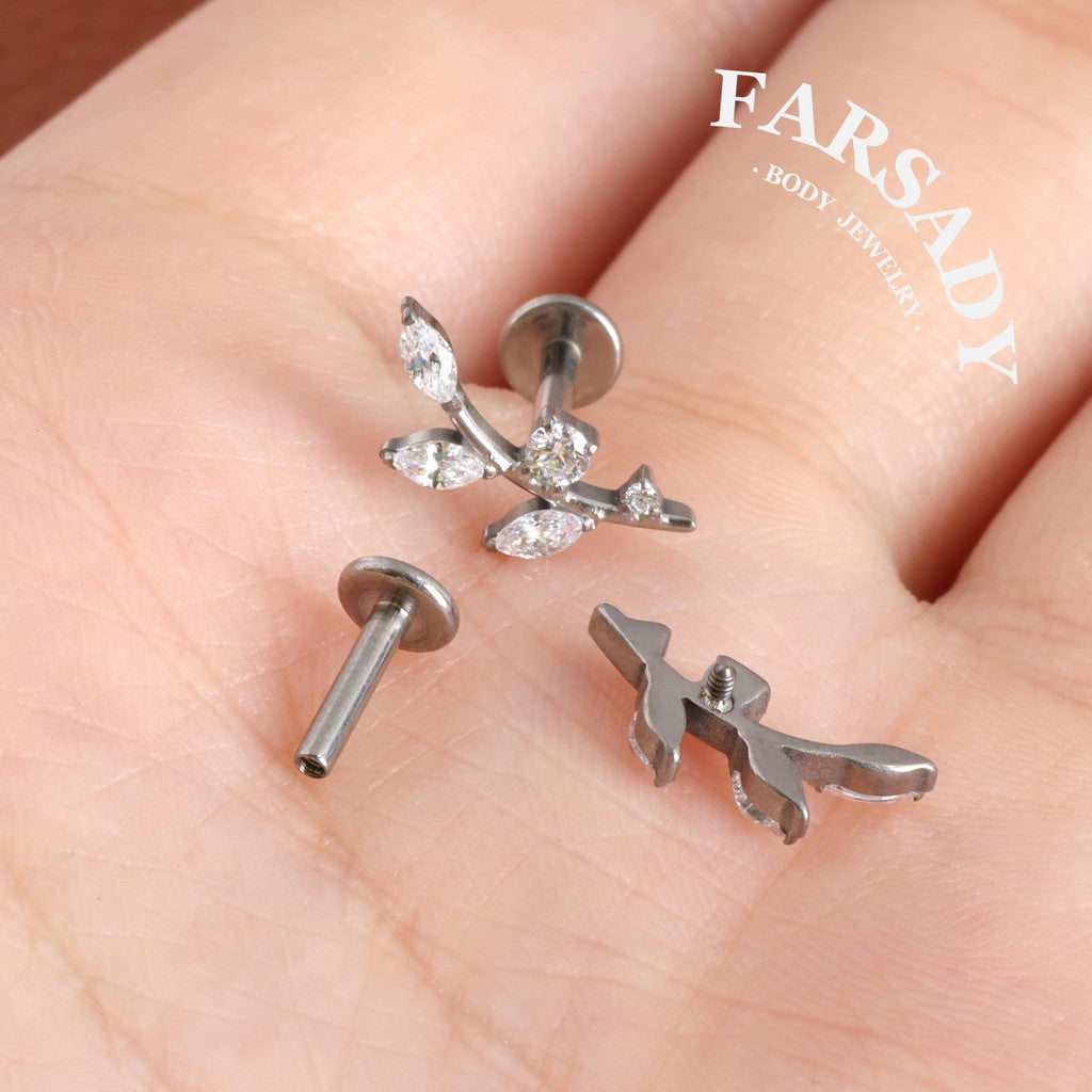 16G Titanium Flat Back Earrings for Women Conch/Helix/Foward Helix/Tragus/Hypoallergenic Piercing Jewelry Internal Thread Cartilage Stud Gold Silver CZ Branch Earrings
