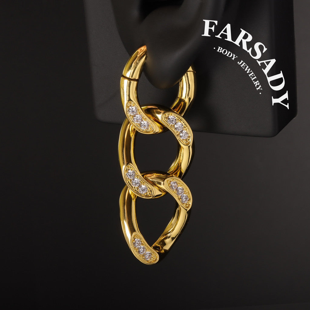 Cuban Chain Ear Weights Hanger Easy Closure Mirror Polished CZ Paved Ear Gauge Jewelry 4mm Steel Weighted Ear Hoop Clicker for Stretched Earlobe