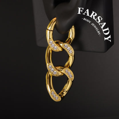 Cuban Chain Ear Weights Hanger Easy Closure Mirror Polished CZ Paved Ear Gauge Jewelry 4mm Steel Weighted Ear Hoop Clicker for Stretched Earlobe