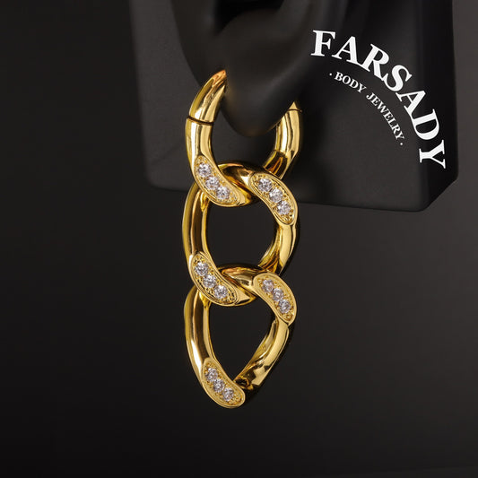 Cuban Chain Ear Weights Hanger Easy Closure Mirror Polished CZ Paved Ear Gauge Jewelry 4mm Steel Weighted Ear Hoop Clicker for Stretched Earlobe